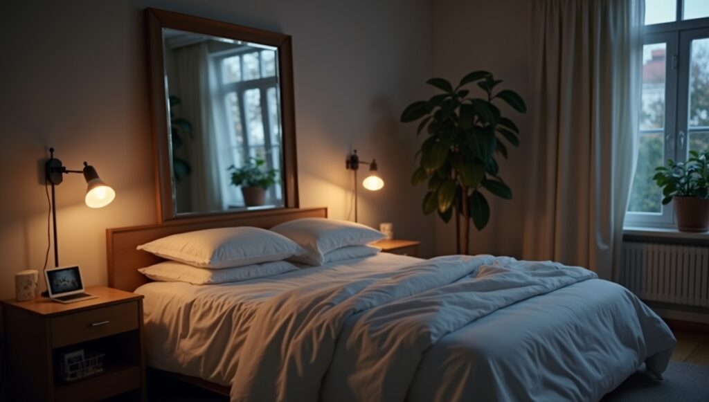 Mirror facing bed in a cozy bedroom, highlighting common placement mistake.