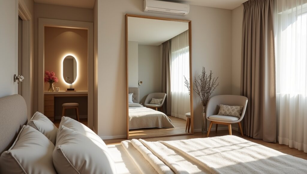 Bedroom with a mirror reflecting light and space, creating a sense of openness and functionality.