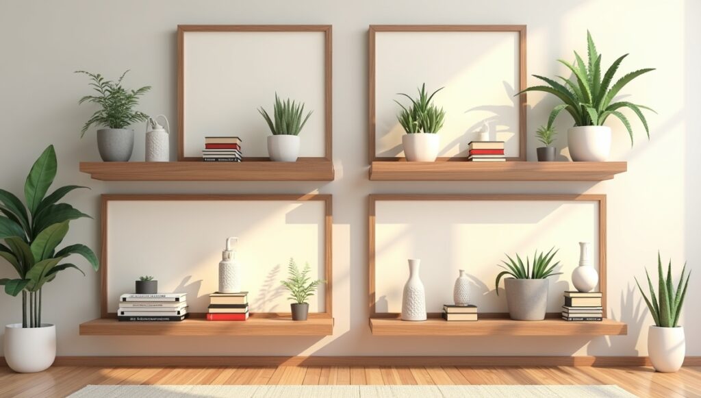 common floating shelf installation mistakes including overloading with heavy objects, placing shelves too high or low, mismatched color or material, and skipping the level resulting in a crooked shelf.