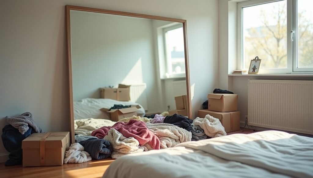 Mirror reflecting cluttered space in bedroom, showing poor placement choice.