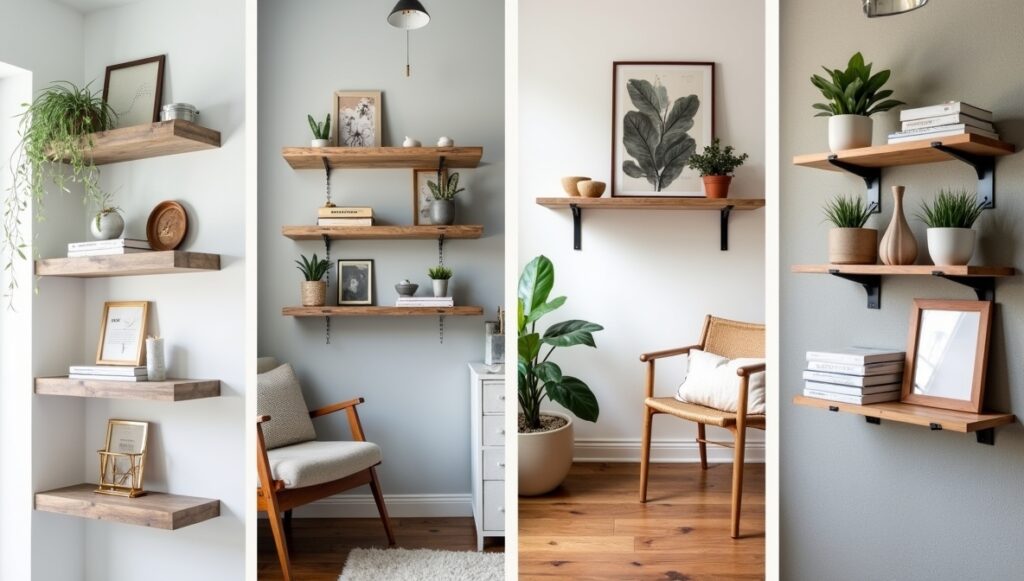 Floating shelves styled in different interior design themes