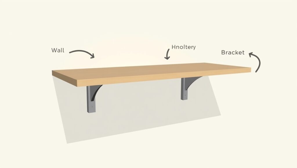 Diagram showing how floating shelves are installed with hidden brackets