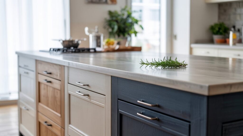 Close-up of kitchen cupboards showcasing matte, glossy, and textured finishes.