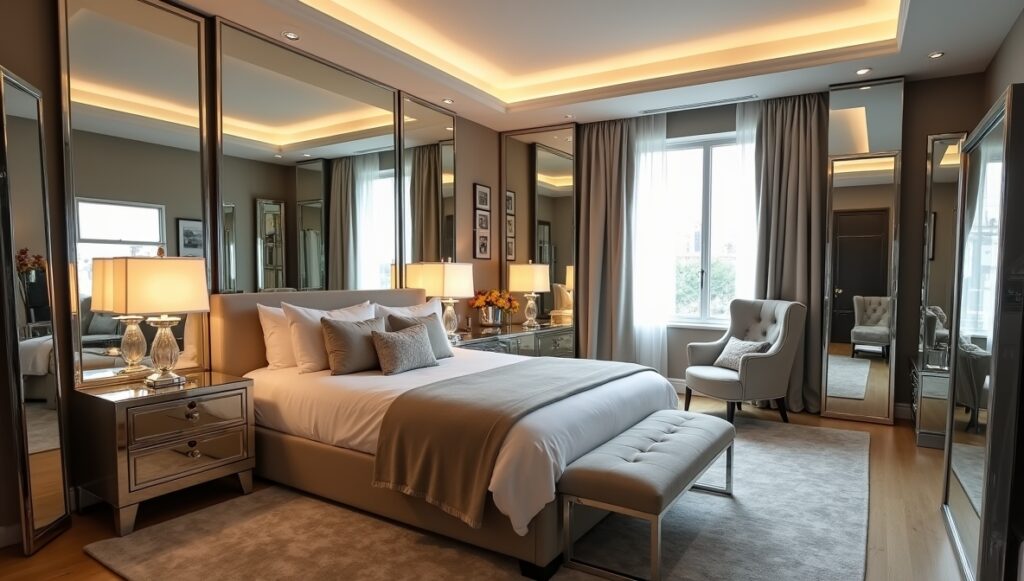 Bedroom overloaded with mirrors, causing a cluttered and confusing appearance.