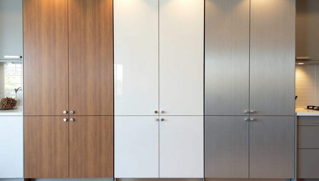 Different kitchen cupboard materials: solid wood, laminate, engineered wood, and stainless steel.