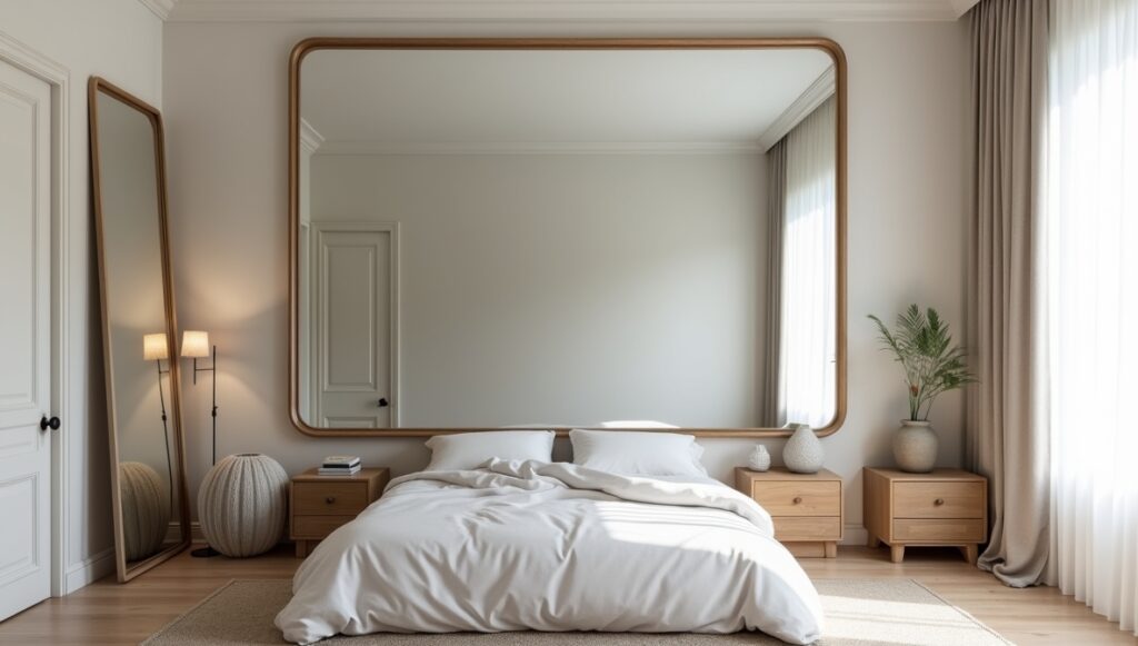 Oversized mirror in a small space, making the room feel cramped and overwhelming.