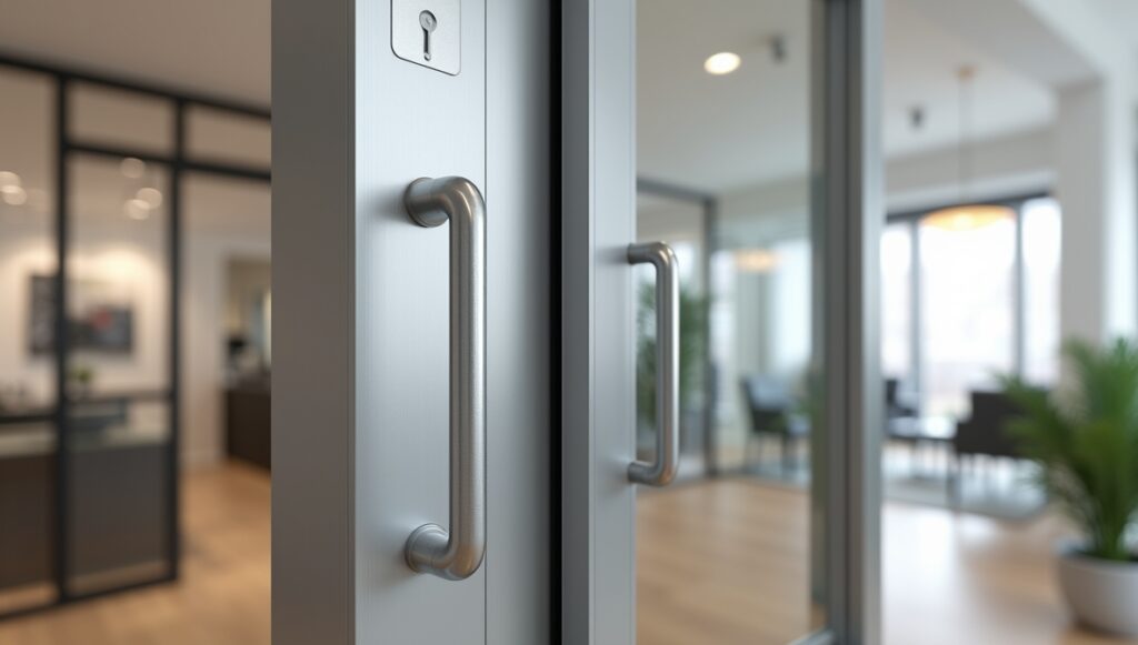 Modern aluminium door with glass panel at a business entrance, showing sleek and durable design.