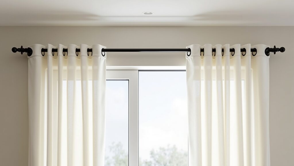 Curtain rail vs curtain rod comparison in a modern home interior setting.