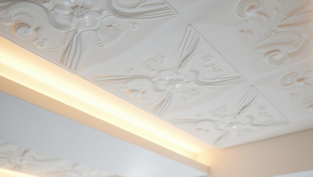 Close-up of glossy PVC ceiling panels showcasing texture and seamless installation.