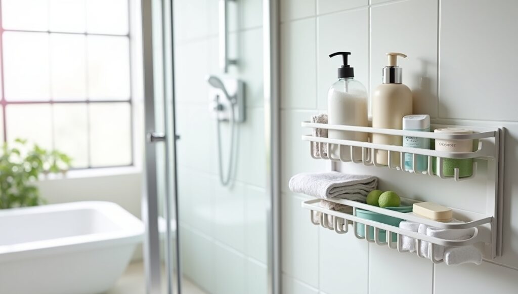 Bathroom caddy with toiletries and towels in a clean, modern bathroom setting.