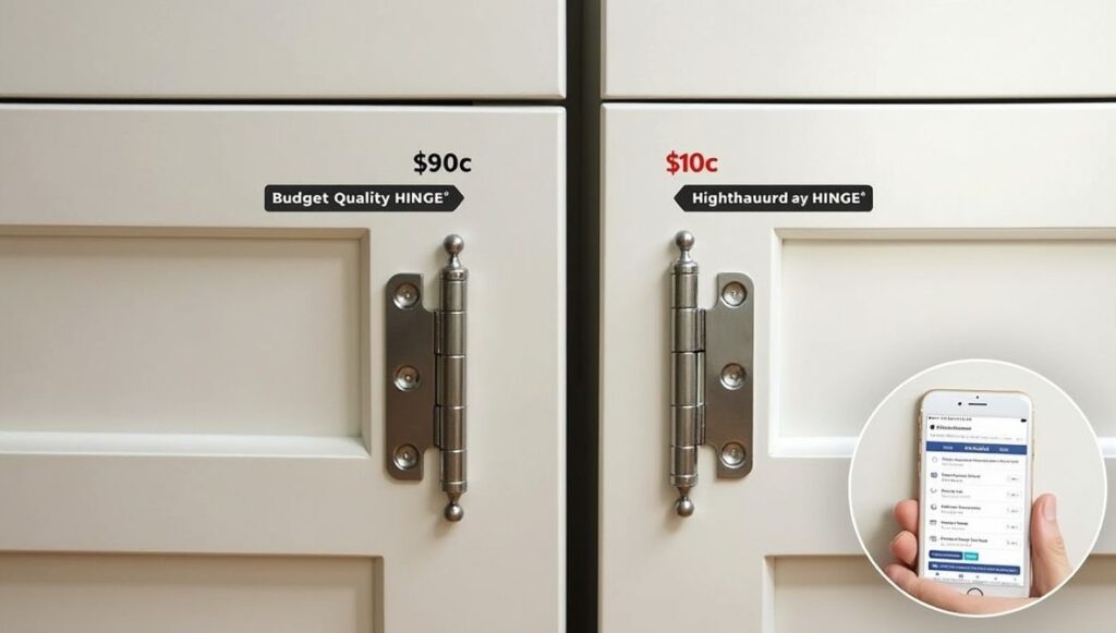 Comparison of budget vs. quality cupboard hinges with price tags and customer reviews visible.