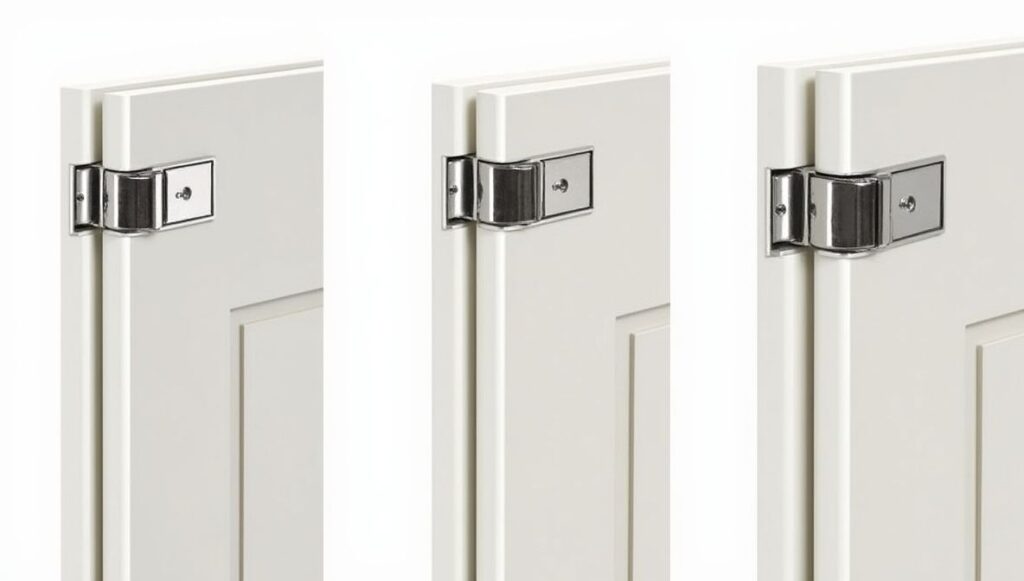 Different cupboard doors with matching hinges to show compatibility with various door styles.