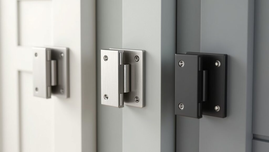 Nickel, chrome, and matte black cupboard hinges shown with matching cabinet styles.