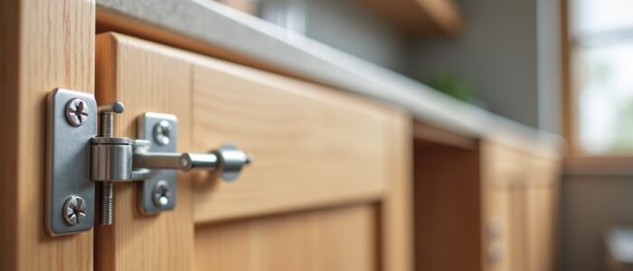 Stainless steel butt hinge on utility cupboard door in a clean storage room