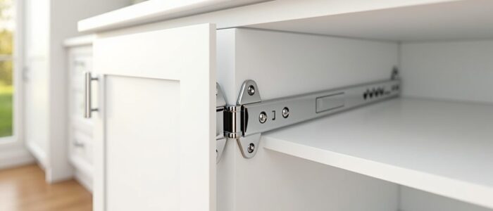 Pivot hinge on top and bottom of a corner cupboard door with rotating shelf in kitchen
