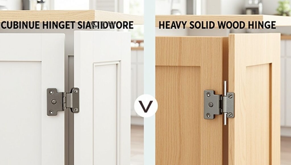 Heavy-duty cupboard hinge supporting a solid cabinet door, showcasing weight capacity.