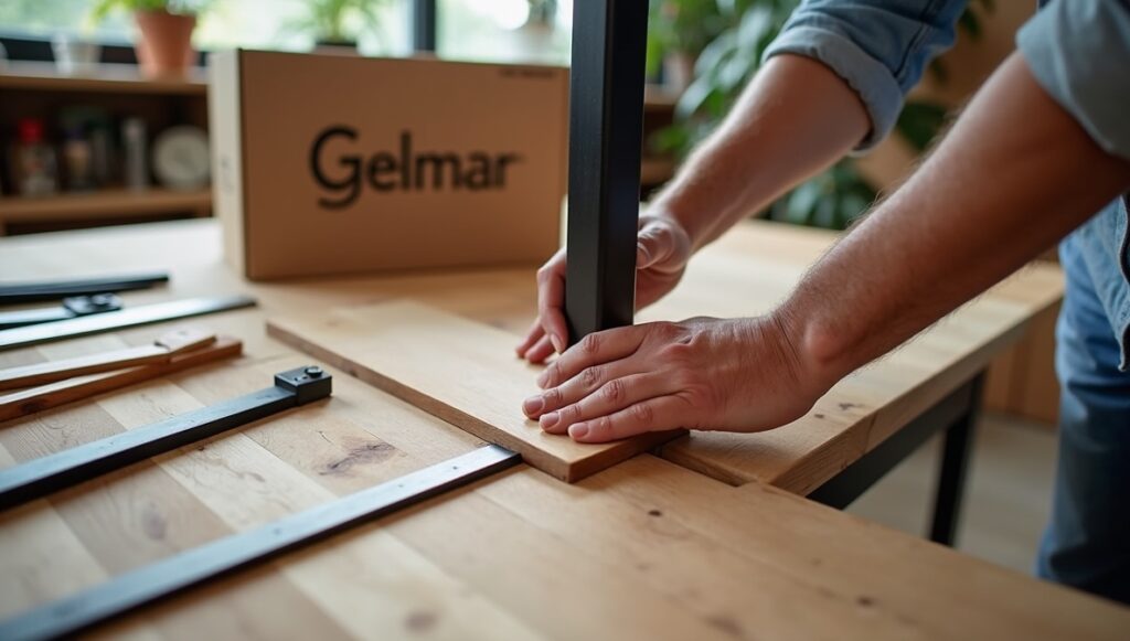 High-quality Gelmar table legs being installed on a wooden table in a modern workspace.